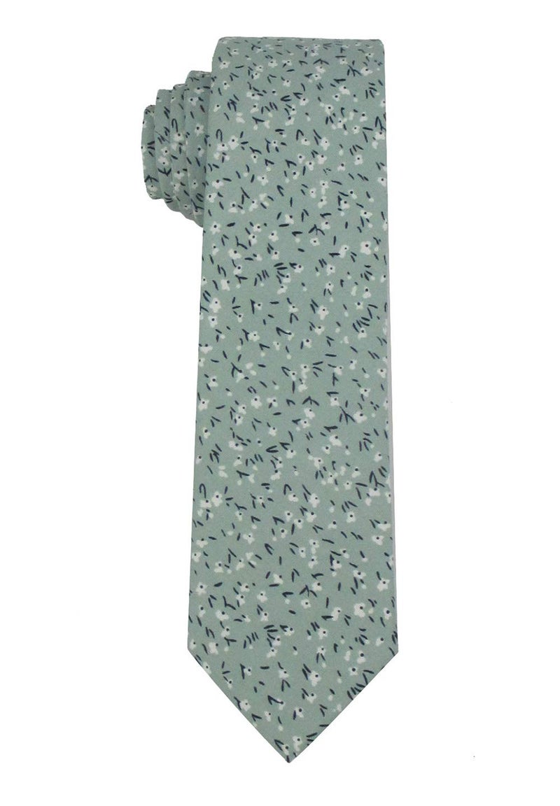Kebocis Mens Skinny Cotton Floral Necktie Thin Tie for Men, Sage Green - Image 2